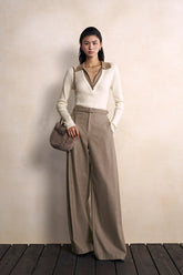 Xiao Xiang Shen Pleated Wool Trousers in Deer Camel - view 1